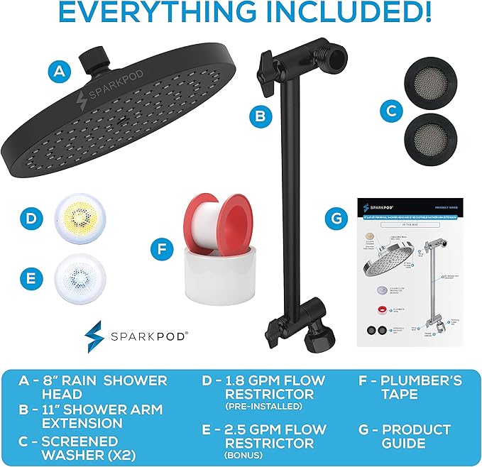 SparkPod Round Rain Shower Head with Shower Head Extension Arm - High Pressure Rain - Luxury Modern Look - No Hassle Tool-less 1-Min Installation (11" Shower Arm Extension, Midnight Black Matte)