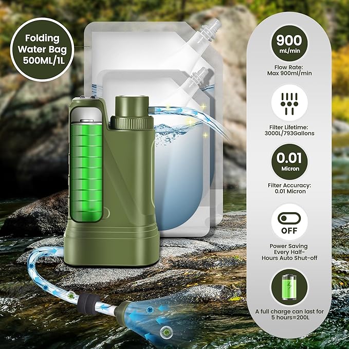 Electric Portable Water Filter Survival,Fast Flow,Lightweight,4-Layer Filtration Provide Better Tasting,Reusable Water Purification System for Outdoor Travel,Camping,Hiking,Backpacking
