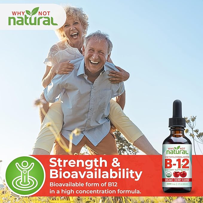 Why Not Natural Organic Vitamin B12 Liquid - Sublingual Extra Strength 60 x 5000 mcg Methylcobalamin Drops, Vegan, Maximize Absorption and Energy