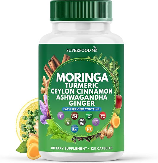 Moringa Supplement | Turmeric, Ginger, Boswellia, Saffron, Holy Basil, Nettle -Support Supplement for Women and Men with Ceylon Cinnamon, Quercetin, Tart Cherry- 120 Capsules