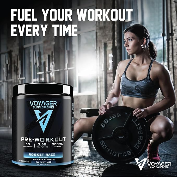 Voyager Pre-Workout Rocket Razz – Creatine-Free Powder w/L-Citrulline, Beta-Alanine, Caffeine – Supports Energy, Endurance & Focus – 30 Servings – No Artificial Fillers – GMP Certified