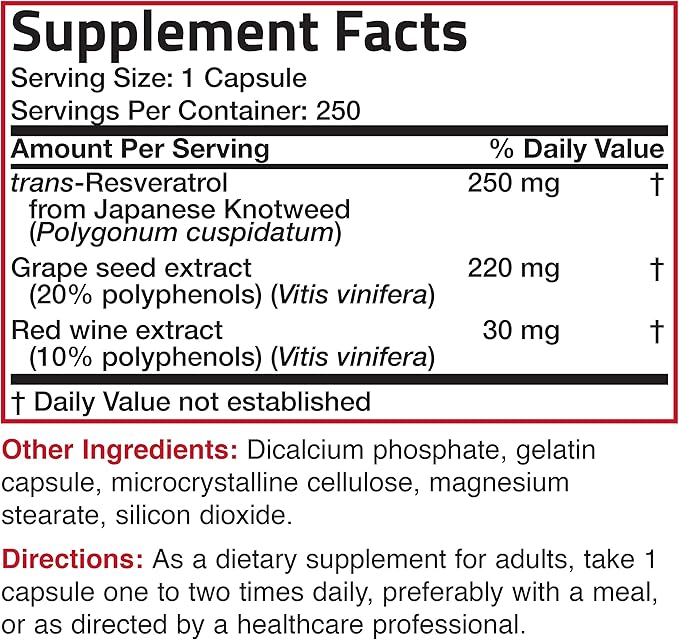 Bronson Resveratrol 500 Complex Standardized Trans-Resveratrol + Grape Seed & Red Wine Extract, 250 Capsules