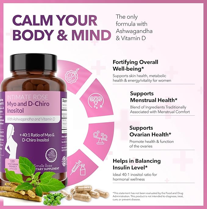 Intimate Rose Myo-Inositol & D-Chiro Inositol Supplement for Women - Hormone Balance & Ovarian Support for Women - Ideal 40:1 Ratio, Vitamin D3 + Ashwagandha