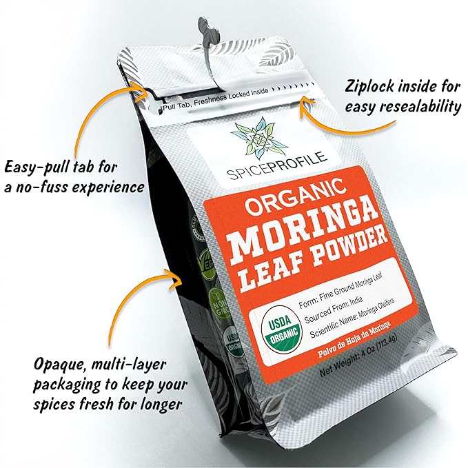 Spice Profile USDA Organic Moringa Powder, Lab Tested for Heavy Metals, Resealable 4 oz Pouch, Moringa Patta Powder, Polvo de Hoja de Moringa