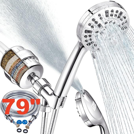 Filtered Shower Head Combo, Includes 20 Stage Shower Filter Head, High Pressure Handheld Spray Showerhead, 79" Extra Long Hose, Shower Arm Mount Holder, for Hard Well Water Chlorine, Chrome (HSF80)