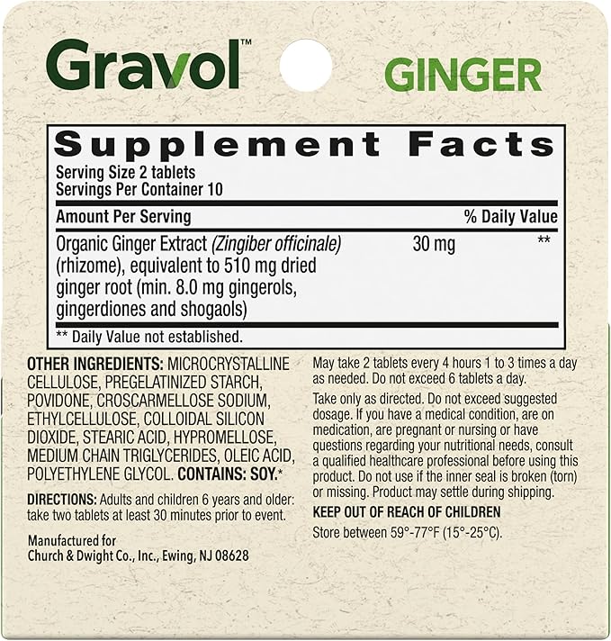 Gravol Ginger Tablets for Upset Stomach and Nausea, 20ct