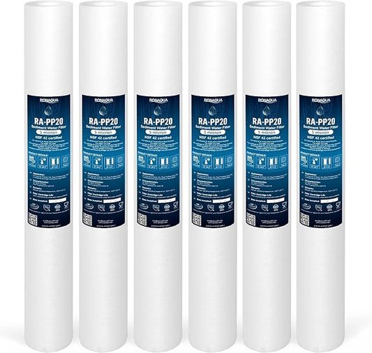 Ronaqua 5 Micron Standard 20" x 2.5" Sediment Water Filter Cartridge, NSF Certified, 4-Layer Filtration for 20” x 2.5” Whole House Systems, Compatible with FPMB5-20, SDC-25-2005/4, VX05-20, 6 Pack