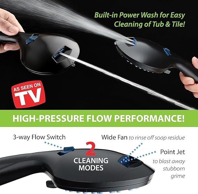 AquaCare High Pressure 8-mode Handheld Shower Head - Anti-clog Nozzles, Built-in Power Wash to Clean Tub, Tile & Pets, Extra Long 6 ft. Stainless Steel Hose, Wall & Overhead Brackets