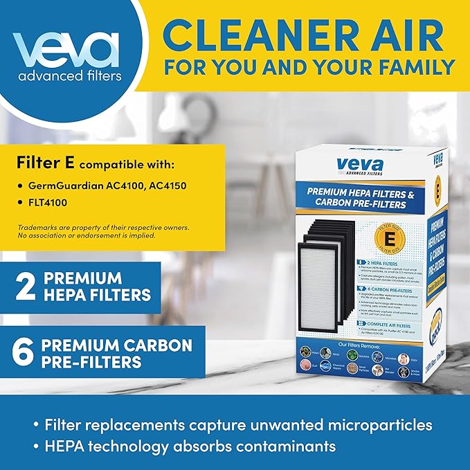 Veva HEPA Filter E Replacement (2 Pack) Compatible with Germ Guardian Air Purifier AC4100 / FLT4100. Pack of 2 HEPA Filters / 6 Carbon Pre-Filters.