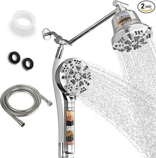 AQUAZEN® Dual Filtered Shower Head Combo | Rainfall + Handheld | 6 Spray Modes | High Pressure | Flexible Mount | Hard Water Filtration | 60" Hose | Chrome Finish
