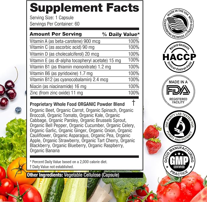Vita Fruits and Veggies Capsules - 25 Superfood Ingredients, Fruit and Vegetable Multivitamin, 60 Count - For men and women - Vitamins A, C, D, E, B and Zinc