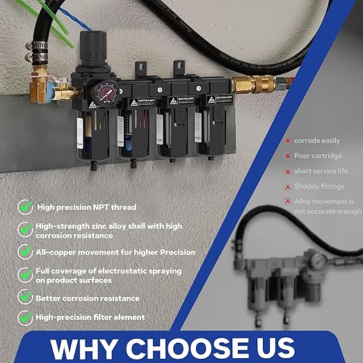 1/2 Inch NPT 4 Stage Air Drying System,Brass Filter&Coalescing Filter,Double Desiccant Dryers & Air Regulator,Metal Bowl, Semi-Auto Drain,Industrial Grade(Black)