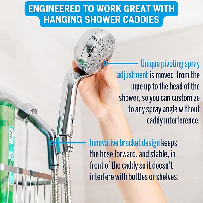 Waterpik Caddy Buddy Pivoting Hand Held Shower Head With 5-Foot Hose, 5-Mode with High Pressure Sprays, Chrome, PHO-553ME