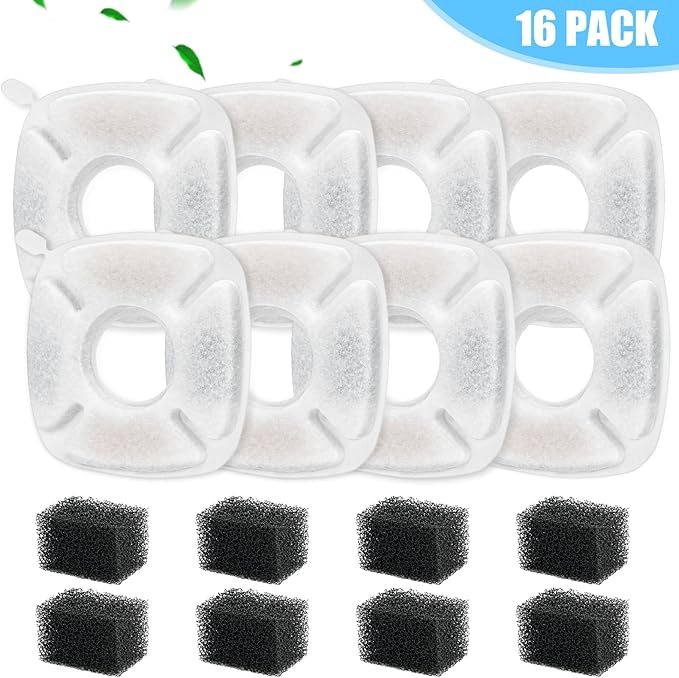 16 Pack Cat Water Fountain Replacement Filters, 8 Pcs Cats Fountain Filters & 8 Pcs Pre-Filter Sponges for 95oz/2.8L 135oz/4L 67oz/2L Automatic Pet Dog Fountain Water Dispenser Filter