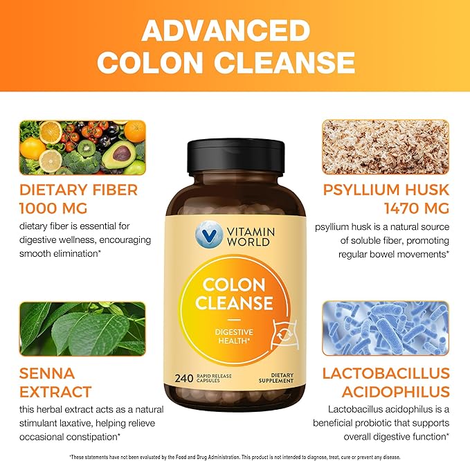Vitamin World Colon Cleanse - 240 Capsules, Gut Detox with Psyllium Husk, Senna, Probiotics, Dietary Fiber & Herbal Blend – Supports Constipation Relief, Digestive Health & Regularity, Gluten-Free