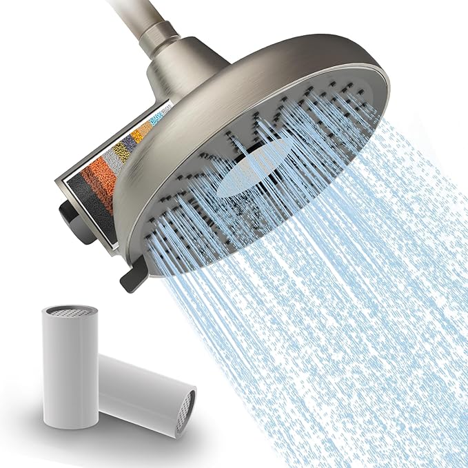 Filtered Shower Head High Pressure 8 Inch with Removable Chlorine Filter - Hard Water Rain Showerhead for Bathroom, Soft Skin & Hair Care - Fixed Wall Mount,3 Rainfall Spray Modes,Blushed Nickel