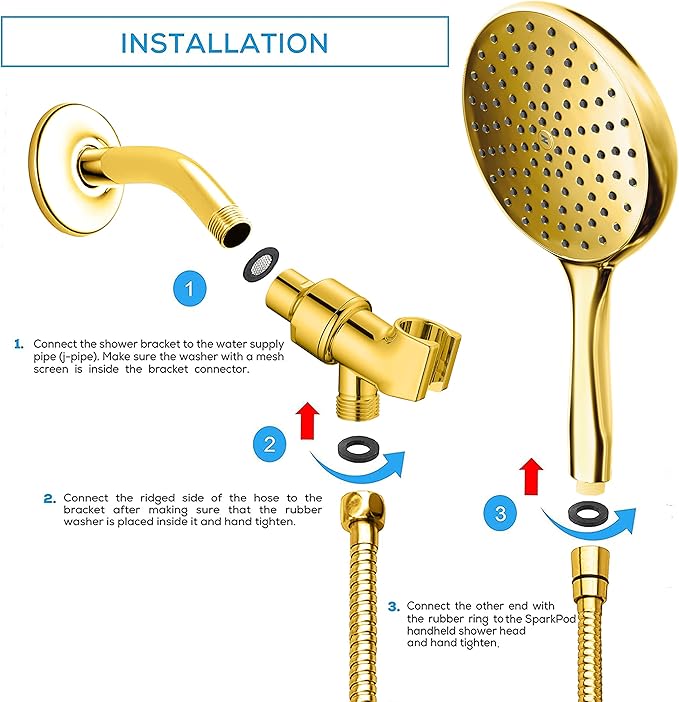 SparkPod High Pressure Handheld Shower Head with Hose - Huge 6-Inch Rainfall Shower Head, Extra Long 6ft. Hose & Adjustable Bracket- Luxury Showerheads- 1-Min Installation (Egyptian Gold)