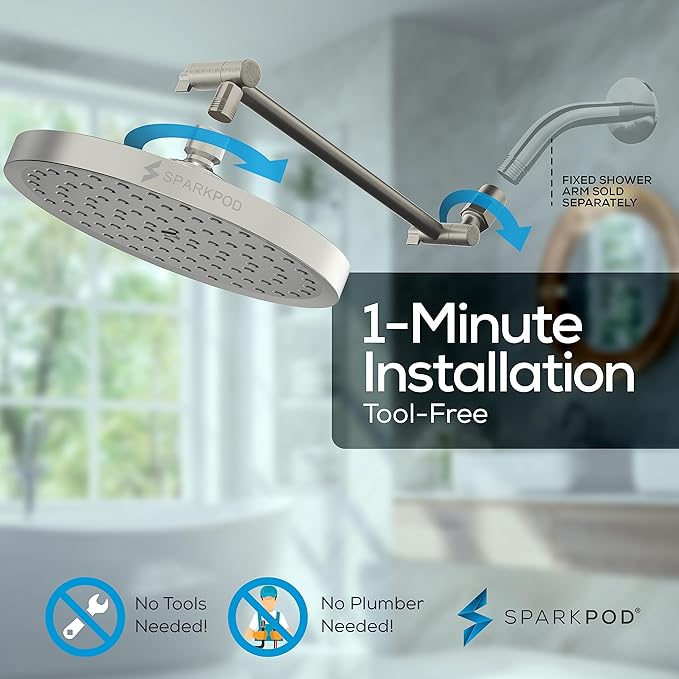 SparkPod Round Rain Shower Head with Shower Head Extension Arm - High Pressure Rain - Luxury Modern Look - No Hassle Tool-less 1-Min Installation (11" Shower Arm Extension, Elegant Brushed Nickel)