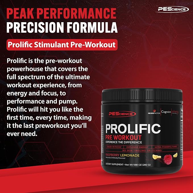 PEScience Prolific Pre Workout Powder for Men & Women with L-Citrulline Nitric Oxide Booster, Energy Powder & Nootropic for Focus – Preworkout Without Beta Alanine – 40 Scoops, Raspberry Lemonade