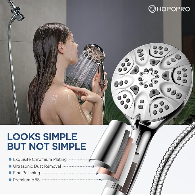 6-Mode High Pressure Handheld Shower Head with Power Wash, HOPOPRO High Flow Hand Held Showerhead Set with Built-in Power Spray to Clean Tub Tile Pets Bathroom Flooring