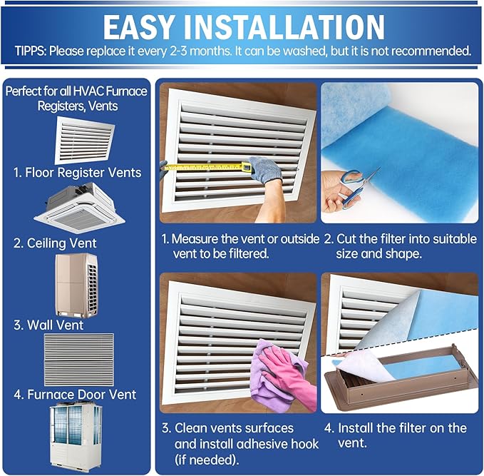 2 Rolls Air Vent Filters, 120" x 12" Cut to Size Air Filter (100+ Filters), MERV 8 Triple Vent Filter Kit for Floor Registers, Grilles, Ceiling, Wall HVAC Furnace Vents, With Adhesive Hook Tape