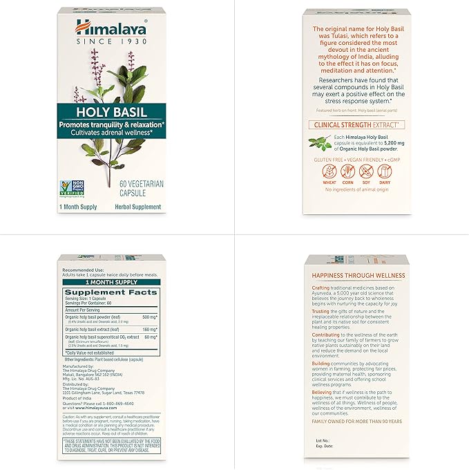 Himalaya Holy Basil, 30 Day Supply - Herbal Adrenal Support for Stress Relief, Relaxation, Energy Support and Occasional Sleeplessness - Vegan, Non-GMO, Gluten Free, 720 mg, 60 Capsules
