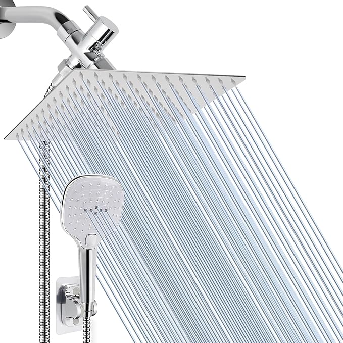 NearMoon Shower Head with Hose, High Pressure Stainless Steel Rain Shower and 3 Settings Handheld Spray Combo with Push Button Flow Control (12 Inch, Chrome Finish)