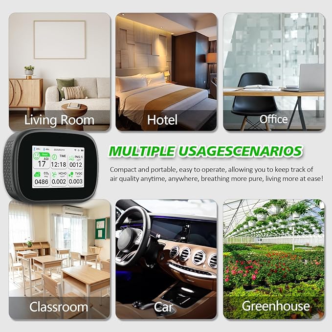 18-in-1 Smart Air Quality Monitor - Indoor WiFi Air Quality Detector with Dual Chip, Real-Time for AQI, CO2, PM2.5, PM1.0, PM10, TVOC, HCHO, Time Display, Temperature & Humidity with Aler (Black-W)