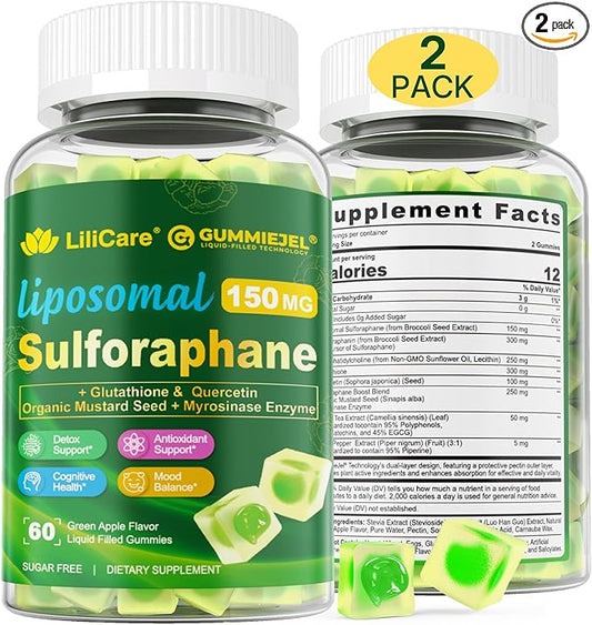 Liposomal Sulforaphane Supplement 150mg, from Broccoli Sprout Extract w/Myrosinase, Quercetin, Glutathione, Broccoli Supplement Gummies for Antioxidants Detox Cellular Brain Health, Chewable 120Cts