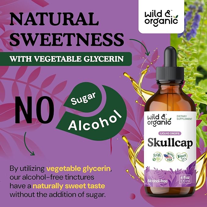 Wild & Organic Skullcap Herb Tincture - Skullcap Supplement for Mood Support - Relaxing Liquid Extract Drops - Vegan, Sugar & Alcohol-Free - 4 fl oz