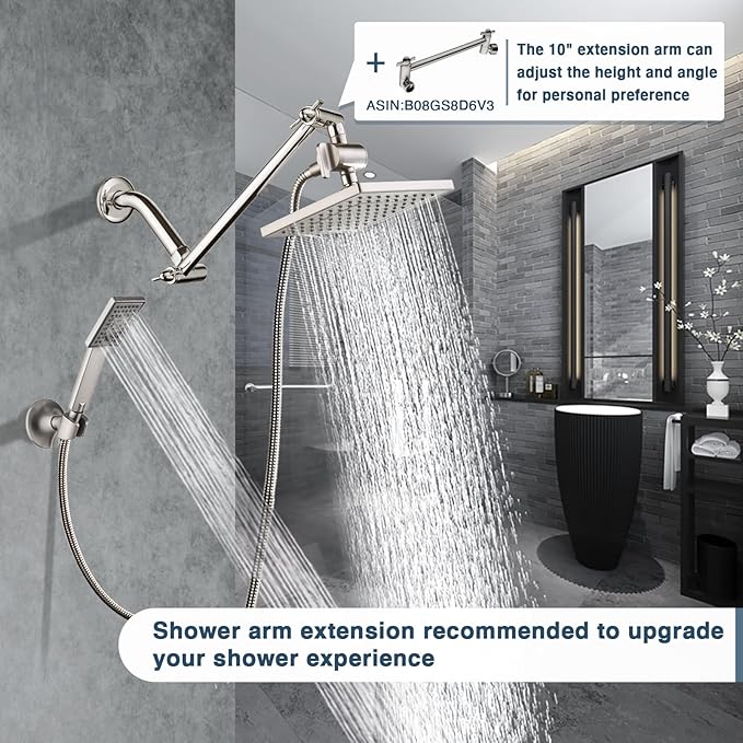 BRIGHT SHOWERS Rain Shower Head with Handheld Spray, 8 Inch Rainfall Shower Head Combo with 60" Hose, Adjustable Dual Square Showerhead Set with 3-Way Diverter, Wall Bracket, Brushed Nickel