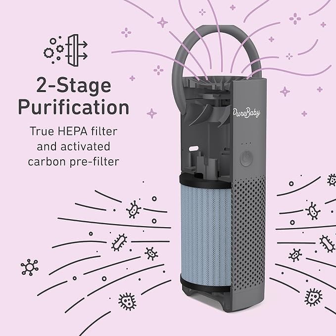 Pure Enrichment PureBaby On-the-Go Air Purifier - Portable Stroller Air Purifier & Adjustable Clamp for Car Seat, Crib, Bassinet & Playpen - True HEPA Filter Removes 99.97% of Allergens Around Baby