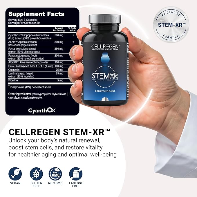StemXR™ Stem Cell Activator & Circulation Booster – Stem Cell Supplement for Men & Women – Blue Green Algae, Longevity, Vitality, Anti-Aging, Energy & Performance Support – 90 Capsules