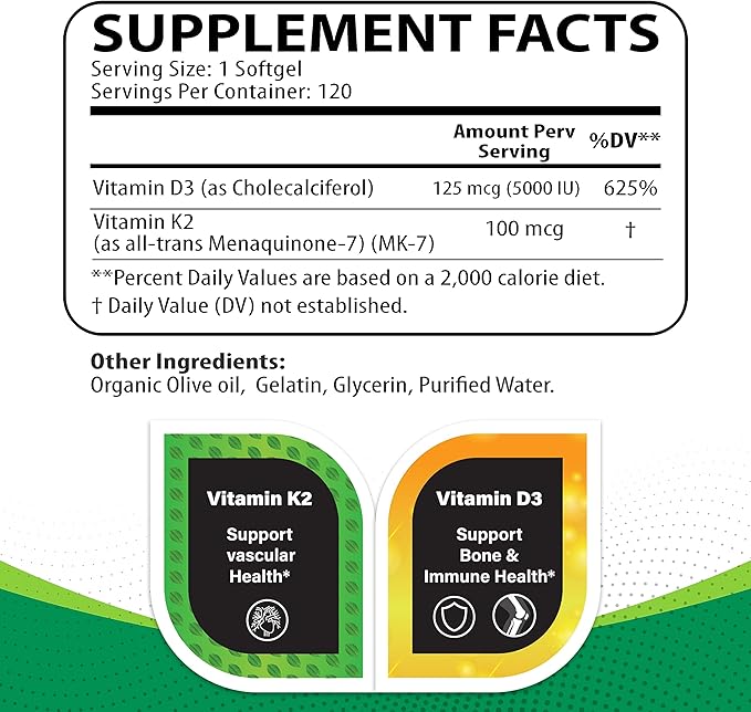 Vitamin D3 K2–5000 IU D3 & 100 mcg K2 MK-7 – Supports Bone, Heart & Immune Health – K2 D3 Vitamin Supplement – 120 Softgels, 4 Month Supply