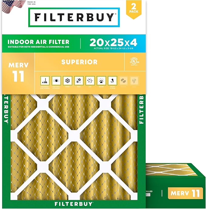 Filterbuy 20x25x4 Air Filter MERV 11 (MPR 1200) Allergen Defense Replacement (2-Pack), Electrostatic Pleated HVAC AC Furnace Filters, Made in USA (Actual Size: 19.50 x 24.50 x 3.63)