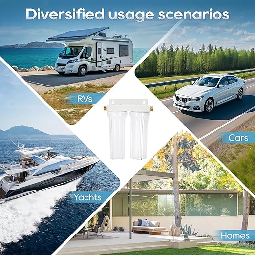 External RV Dual Water Filter System Includes Mounting Bracket and Two Filters, Two 3/4" GHT Brass Fittings For RVs, Yachts, Homes, Boats For Reducing Sediment, Rust, Scale Particles and Chlorine Odor