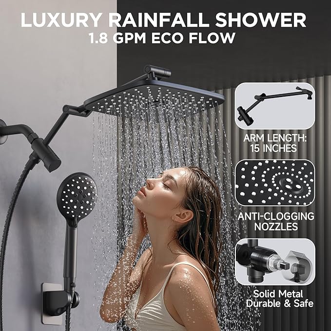 Veken 11.8'' Rain Black Shower Head with Handheld Spray Combo, Extension Arm for Rainfall showerhead, Muti-modes Massage High Pressure Hand Held Shower Heads with Hose, Anti-Clog Nozzles & Bathroom