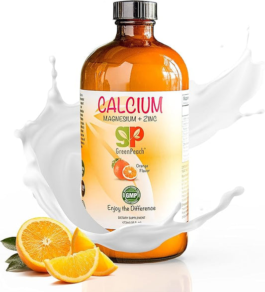 GreenPeach Organic Liquid Calcium for Kids - Magnesium, Zinc, Calcium Citrate & Vitamin D3 Calming Syrup & Liquid Calcium Supplement, NO Sugar NO Artificial Flavors, Vegetarian Halal Kosher