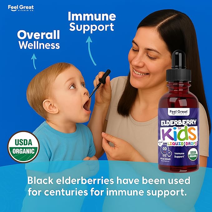 Elderberry for Kids Liquid Drops with Vitamin C & Zinc - 2oz - Children and Toddler Immune Support Supplement USDA Organic Sambucus Elderberry Extract Ages 1-13 Years - Made in USA - 2 fl oz