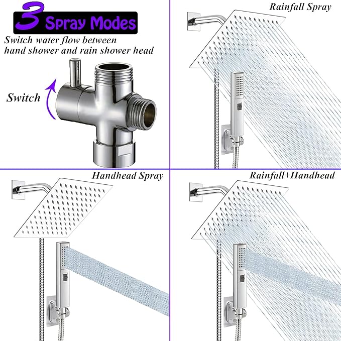 8"High Pressure Square Rain Shower Head and 2-in-1 Hand Shower.Equipped with 78"Hose, 3 Way Diverter Valve,Adhesive Shower Head Holder.(AWAXFOLO Square Shower Head Set chrome)