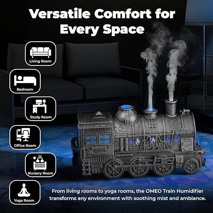 OMEO Silver Small Train Aromatherapy Humidifier & Essential Oil Diffuser - Dual Mist, Quiet Ultrasonic, 300ML Tank, Remote Control, LED Light, Air Purifier for Home, Office, and Bedroom Use