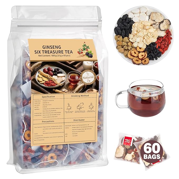 Kidney Tea Formula Ginseng Six Treasure Tea, Ginseng & Mulberry Herbal Tea, Kidney Cleanse Detox & Repair, Traditional Chinese Herbal Tea Bags, Five Treasures Teas For Men Women (60 Bags/1 Pack)