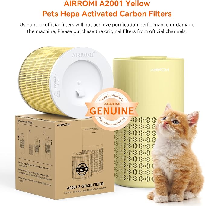 AIRROMI A2001 HEPA Air Purifier Replacement: Original 3-in-1 Filter, Removes 99.97% of 0.3 Micron Particles, Yellow Activated Carbon Filter - Pets & Allergen Specific 1 Pack