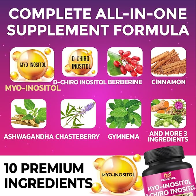 BMVINVOL Inositol Supplement - Myo-Inositol and D-Chiro Inositol Ideal 40:1 Ratio - Plus Berberine, Cinnamon, Ashwagandha + 5 More - 150 Capsules