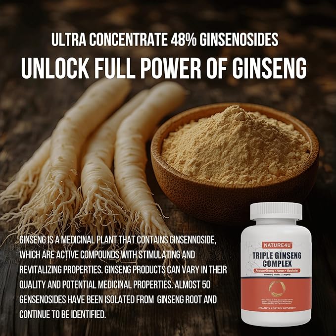 Triple Ginseng Complex, Ultra Potency 15% Ginsenosides from 3 Panax Ginseng Extract for Energy, Memory, Vitality & Immune Support, Healthy Aging for Elderly, 30 Tablets