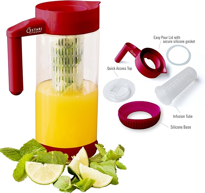 Glass Water Infusion Pitcher | BPA Free Fruit Infuser | Premium Borosilcate Glass for Hot and Cold Liquids | Infuse Iced Tea, Coffee, Water, Juice, Vodka, Tequila - Cestari Infuser, Red 44 ounces