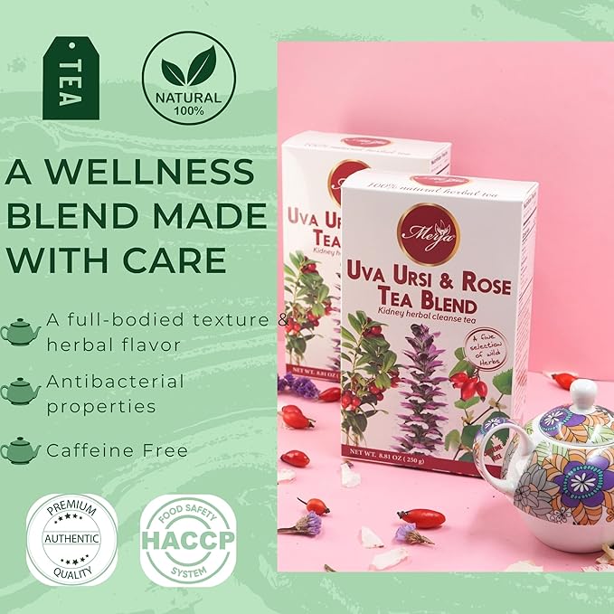 Merja Herbs Uva Ursi & Rose Tea - Kidney Support & Cleanse - Mediterranean Loose Tea - Caffeine Free - 100% Natural & Premium Quality 250gr 8.82 oz