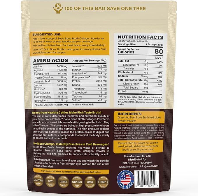 Solo Bone Broth Protein Collagen Powder Low Sodium, 16g Hydrolyzed Collagen Type I & III, for Healthy Skin, Nails, Hair, Joints & Digestion, Grass Fed, 1 lb (Bag - Net Wt. 1 lb. Powder)