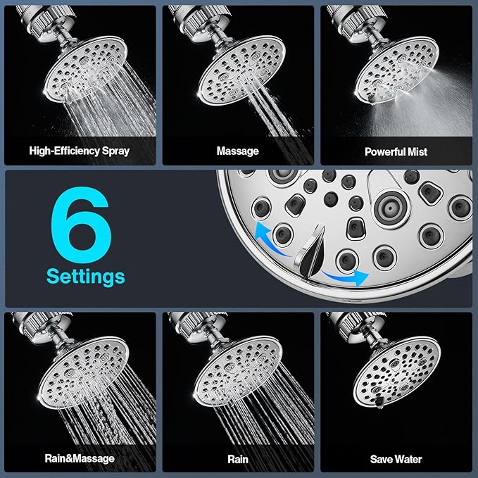Cobbe 6-Setting High Pressure Filtered Shower Head Combo, Detachable Rain Shower Head with 20 Stage Shower Head Filter for Hard Water - Remove Chlorine and Harmful Substances, Chrome