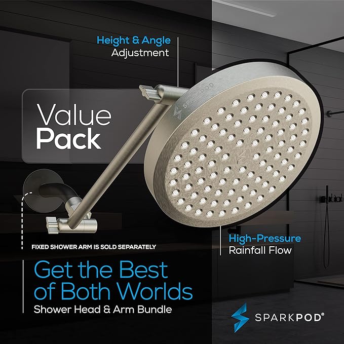 SparkPod Round Rain Shower Head with Extension Arm - Height Adjustable Shower Head with High Pressure Performance - Easy 1-Minute Installation (11" Arm Extension, Elegant Brushed Nickel)